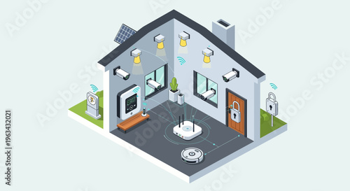 Smart Home Security System Isometric Illustration.