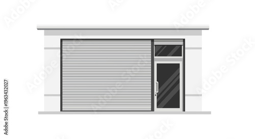 A modern storefront with a closed gray roller shutter and a glass door is depicted against a plain white background.