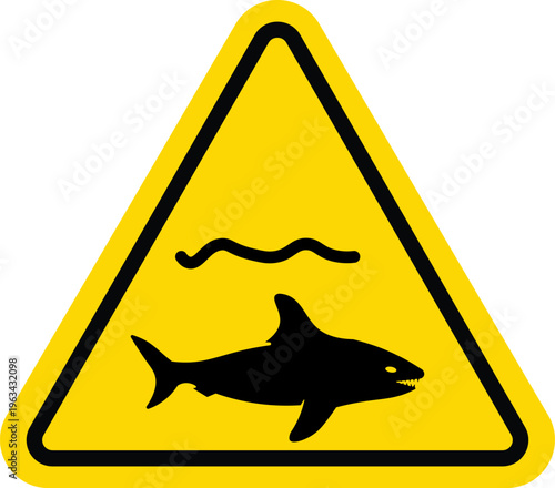 Shark Attack Warning Sign Icon, Triangular Yellow Caution Symbol for Dangerous Marine Life in Water