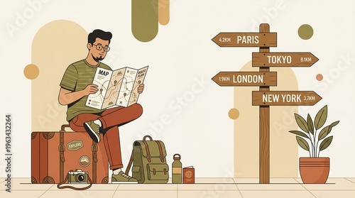 A boy was looking at a map.