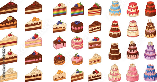 Cake slices and desserts vector set with layered cakes, chocolate, fruit toppings and bakery sweets in colorful flat illustration style
