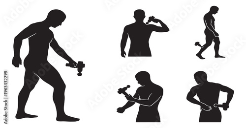 Set of Silhouettes Showing Different Body Parts Being Massaged with a Massage Gun.