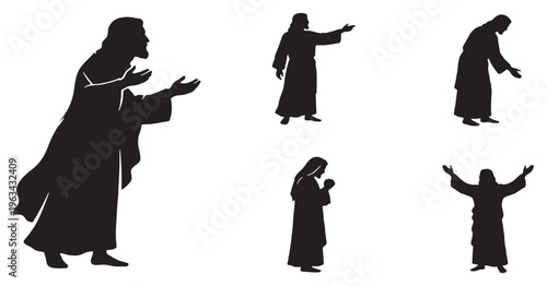 Silhouettes of Jesus Christ in various poses, representing prayer, teaching, and blessing.
