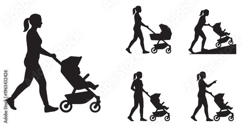 Collection of Silhouettes of a Woman Pushing a Baby Stroller in Various Poses and Situations.