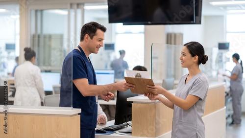 A male nurse hands a clipboard to a female nurse at a hospital reception desk.