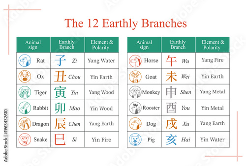 The 12 earthly branches table, Sheng Xiao, feng shui, bazi, four pillars of destiny, Chinese Zodiac, tcm, vector illustration, animals signs, horoscope