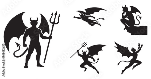 Collection of Silhouettes of Devils and Demons in Various Poses.