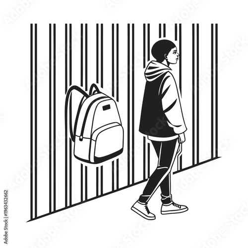 prisoner, person with backpack, behind bars, monochrome vector illustration, detention, isolated