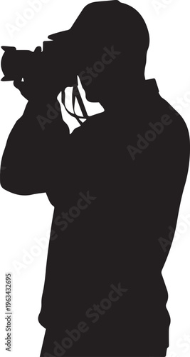 Silhouette of a photographer taking a picture with a camera isolated on transparent background