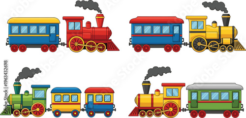 Cartoon train vector set with colorful locomotives, passenger wagons and steam engines in playful flat illustration style