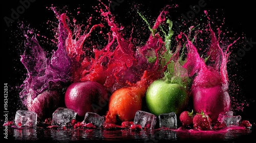 Vibrant fruit submerged in colorful liquid splashes accompanied by melting ice cubes