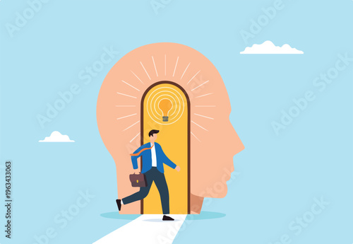 Flat illustration of businessman stepping through open head door with glowing lightbulb representing unlocking new mindset and ideas