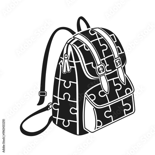 Black puzzle backpack, puzzle piece bag, black and white illustration, backpack icon