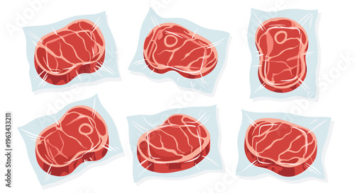 Six individual cuts of raw red meat are vacuum-sealed in clear plastic and displayed in two rows on a white background.