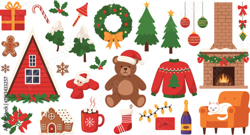 Christmas cozy home vector set with fireplace, sweater, teddy bear, tree, gifts and festive decorations in flat style