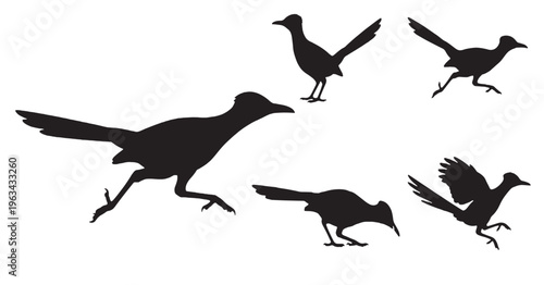 Collection of black silhouettes of roadrunners in various dynamic poses, isolated on a white background.