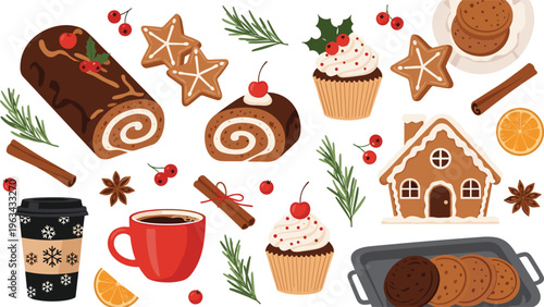 Christmas desserts vector set with gingerbread house, cookies, cupcakes, coffee and festive holiday sweets in cozy flat illustration style