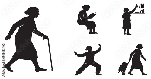 Silhouettes of elderly women engaged in various activities, including walking with a cane, reading, reaching for a book, practicing Tai Chi, and traveling with luggage.