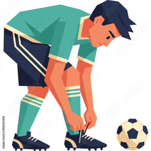 Soccer player tying shoelaces on field with ball nearby