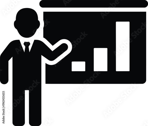 Vector graphic of businessman presenting bar chart data in a professional setting