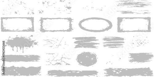 A set of vintage black grunge rubber stamps featuring ink splatters and textured paint strokes on a decorative vector border design with a dirty paper illustration element