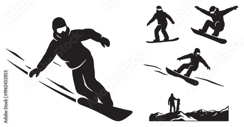 Collection of snowboarder silhouettes in action on snowy slopes, illustrating winter sports and activities.
