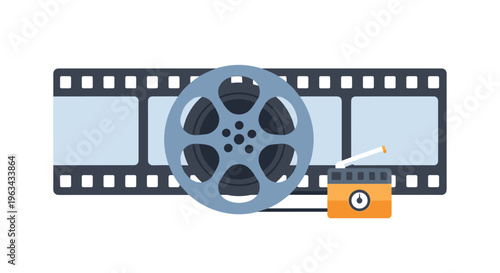 A film strip with a large film reel and a small orange radio is displayed horizontally on a white background.