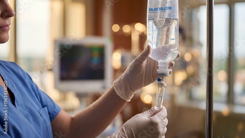 Nurse prepares medication infusion in hospital setting with medical equipment