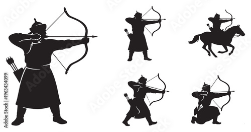 Collection of Silhouettes of Archers in Various Poses with Bows and Arrows.