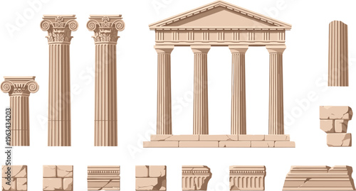 Ancient Greek columns and temple ruins set, classical architecture elements, stone pillars, antique building fragments, historic civilization illustration collection isolated