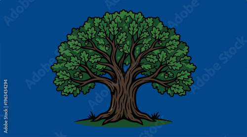 Majestic tree illustration against a vibrant blue background, natures beauty.