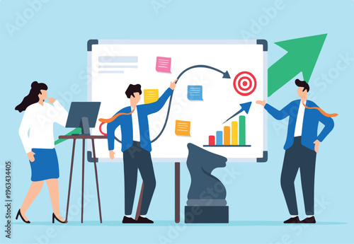 Vector illustration of team developing sales strategy with sticky notes on whiteboard revenue growth