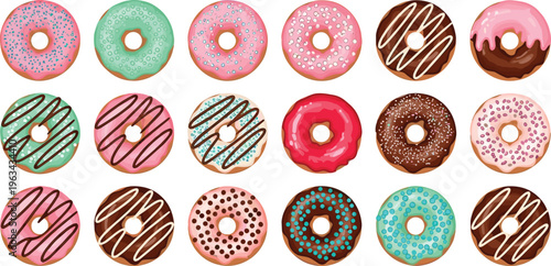 Colorful donuts vector set with glazed, sprinkled and chocolate icing sweet dessert illustrations
