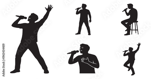 Set of silhouettes of singers performing with microphones on a white background.
