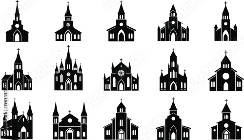 Church silhouettes collection, various Christian cathedral and chapel buildings, religious architecture icons set for design, worship, heritage, and spiritual illustration use