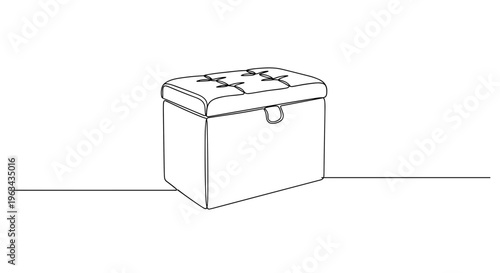 Storage pouf ottoman with tufted lid line drawing on gray background