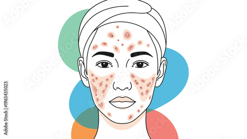 Illustration of a female face showing common skin concerns like acne and blemishes to represent dermatology and skincare treatment.