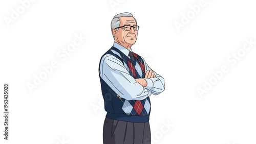 Portrait of an elderly professional man wearing glasses and a sweater vest with his arms crossed confidently on a white background.