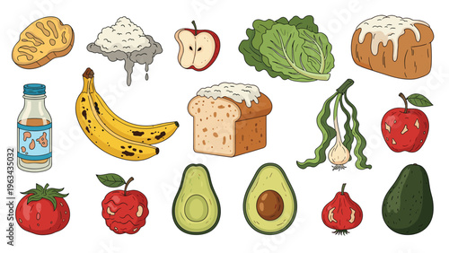 Assortment of healthy and fresh food items including bread, banana, avocado, tomato, and lettuce for nutrition and balanced diet themes.