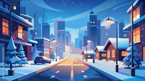 Winter Night City Background with Glowing Street Lights and Road, Soft Atmospheric Urban Scene Vector Illustration
