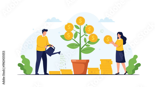 Professional man and woman watering a growing money tree in a pot symbolizing financial investment growth and long-term capital wealth.