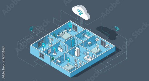 Smart Home Technology Isometric View Connected to Cloud Services.