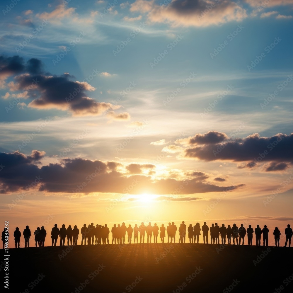 Obraz premium Silhouette of a large group of people standing together at sunset with clouds