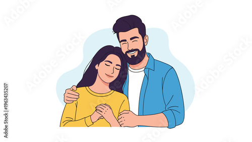 Happy young man with a beard and a smiling woman with long dark hair share a warm and affectionate hug in a stylized illustration.