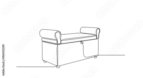 Storage bench ottoman with armrests line drawing on gray background