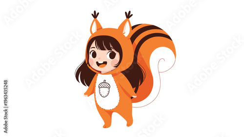 Adorable young girl dressed in a bright orange squirrel costume with a fluffy tail and an acorn patch on her chest stands smiling.