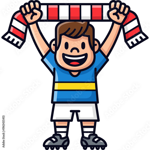 A young boy enthusiastically holds up a scarf in a sports stadium.