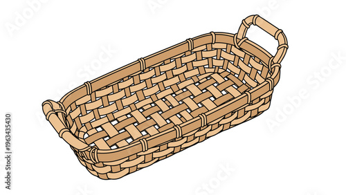 Realistic illustration of a rectangular woven basket with handles on each side, suitable for storage or picnic use on a white background.