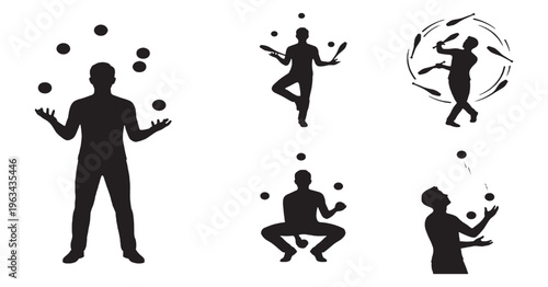 Set of black silhouettes of a man juggling various objects, showcasing different poses and actions related to the art of juggling.