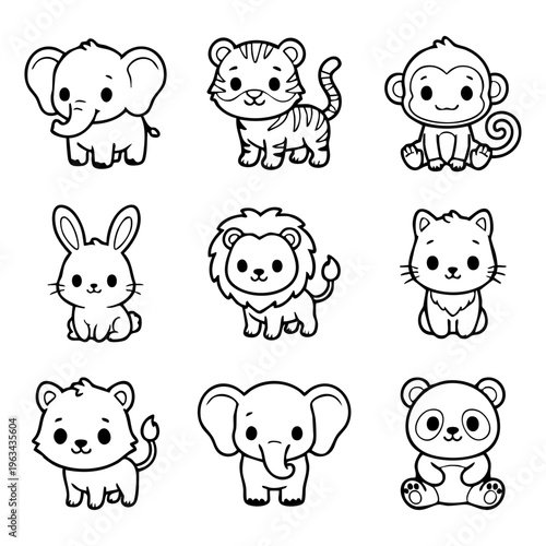 Cute Cartoon Baby Animals Icon Set - 9 Animal Illustrations